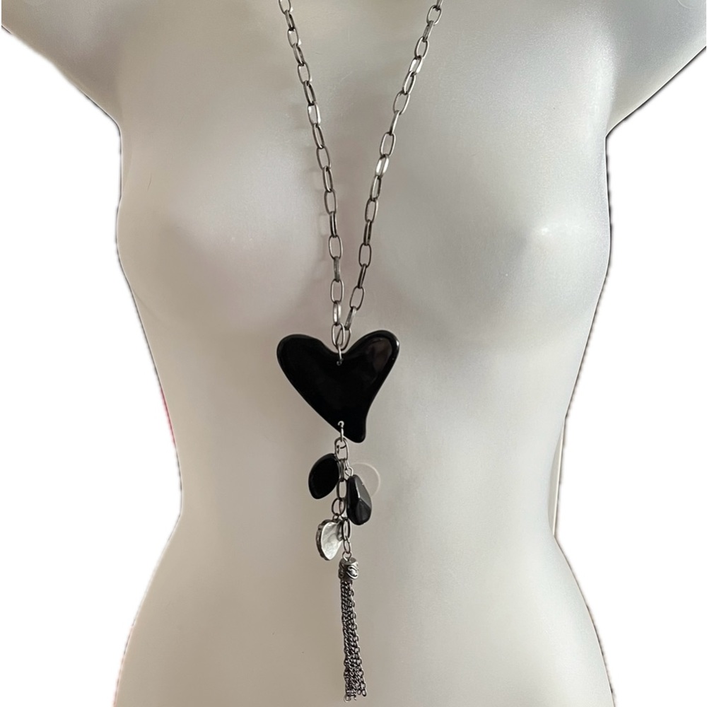 Simulated Black Onyx Heart w/charms on brushed large link, long 28” chain.